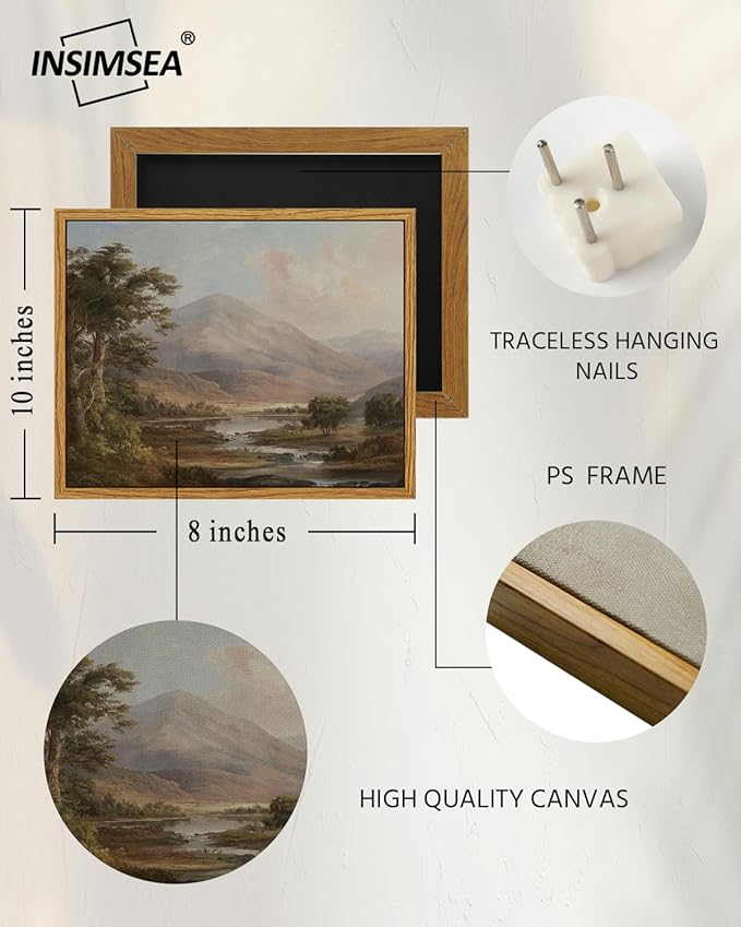 InSimSea Framed Canvas Print Art, Vintage Wild Mountain Landscape Painting, Rustic Farmhouse Cottage Decor for Hallway Wall Floating Shelf Desk Vanity Fireplace,10x8in, Neutral Earth Tones