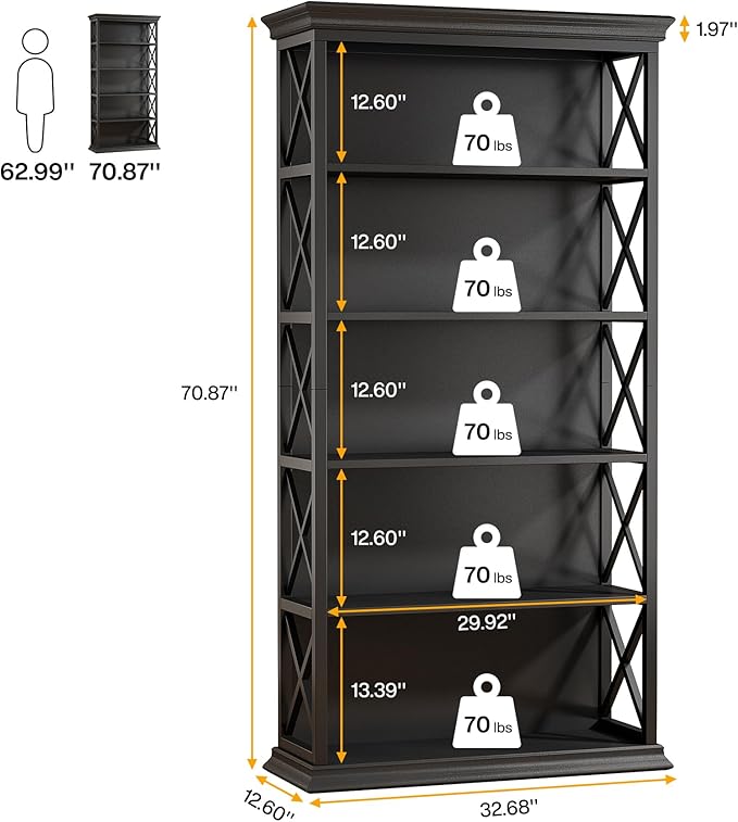 Tribesigns 6-Tier Bookcase Set of 2, 71 Inches Industrial Bookshelves and Bookcases, Floor Standing 5 Shelf Display Storage Shelves Tall Bookcase for Home Office, Living Room, Bed Room, Black