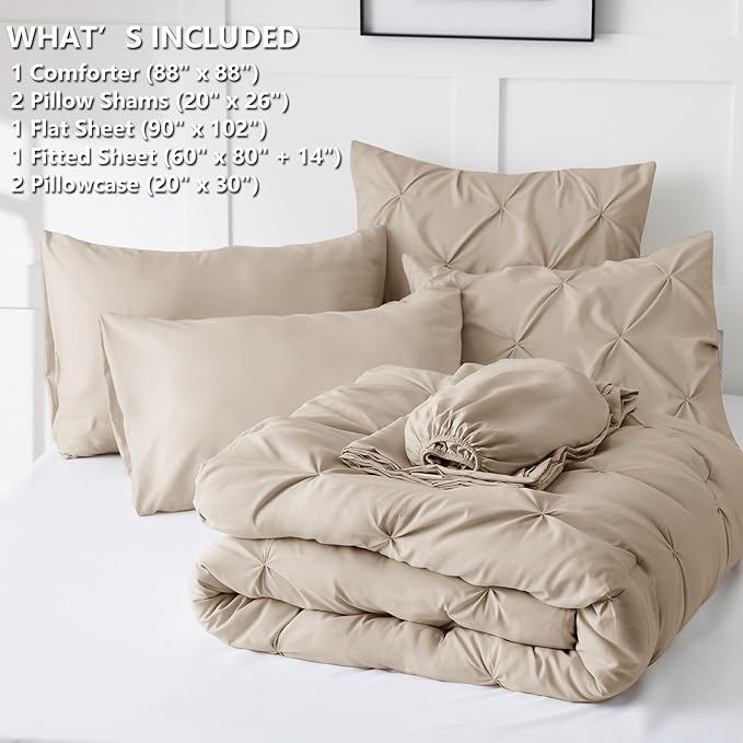 CozyLux Queen Comforter Set Wheat, 7 Pieces Pintuck Bed in A Bag, Premium Wheat Comforter Queen Size, Pinch Pleat Bedding Sets with Comforter, Sheets, Pillowcases & Shams
