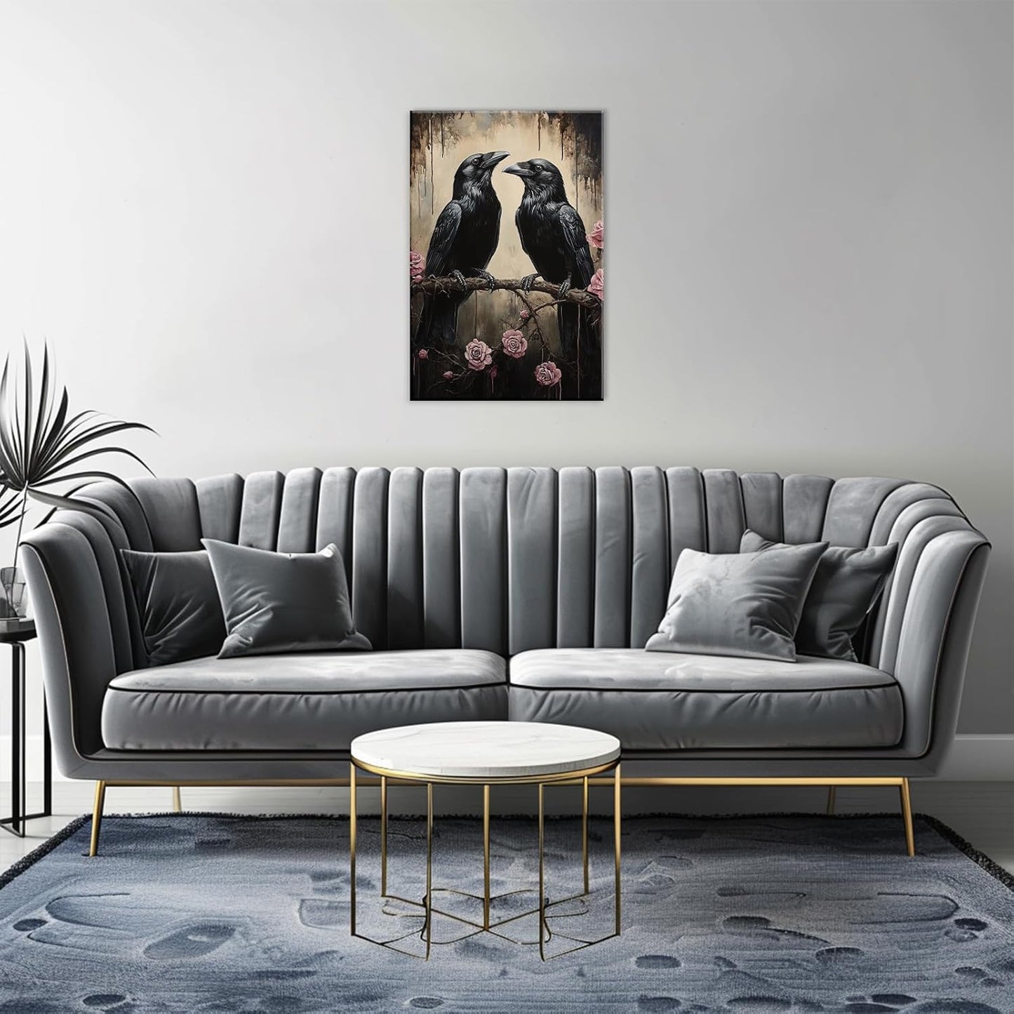 OAAPITI Crow Canvas Wall Art Black Raven Picture Print Pink Rose Poster Vintage Gothic Painting Artwork for Living Room Halloween Decor(Artwork-6,28"x42")