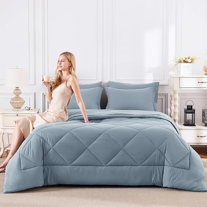 CozyLux Queen Comforter Set Dusty Blue - Bed in a Bag Queen Size 7 Pieces, Luxury Soft Bed Set for All Seasons, Bedding Set with Down Alternative Comforter, Sheets, Pillowcases & Shams, Grayish Blue