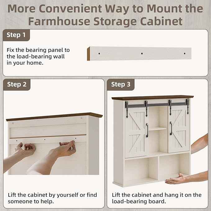 Vabches Bathroom Wall Cabinet, Farmhouse Medicine Cabinet with Double Sliding Barn Door and Adjustable Shelves, Wooden Vintage Storage Cabinet Wall Mounted for Bathroom, Kitchen Dining, Rustic White