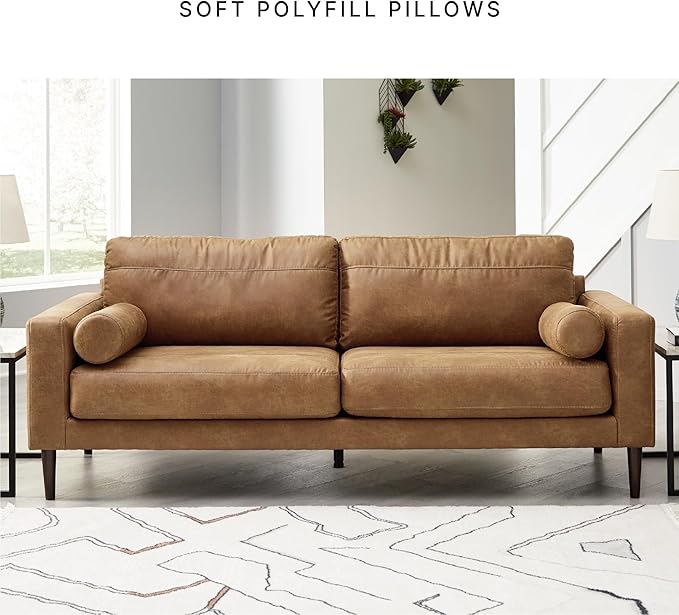 Signature Design by Ashley Telora Faux Leather Sofa, 2 Bolster Pillows, Loose Cushions, Faux Wood Finish Accent Legs, 85" W x 35" D x 35" H, Dark Brown