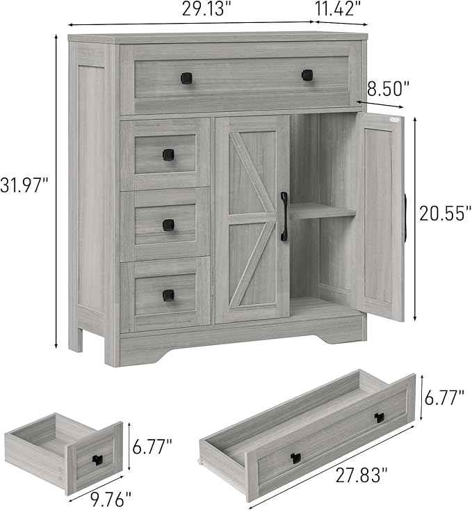 Vabches Farmhouse Storage Cabinet with 2 Doors and 4 Drawers, Freestanding Bathroom Storage Cabinet Kitchen Pantry, Floor Hutch Cupboard for Bathroom/Living Room/Kitchen.(Wash Grey