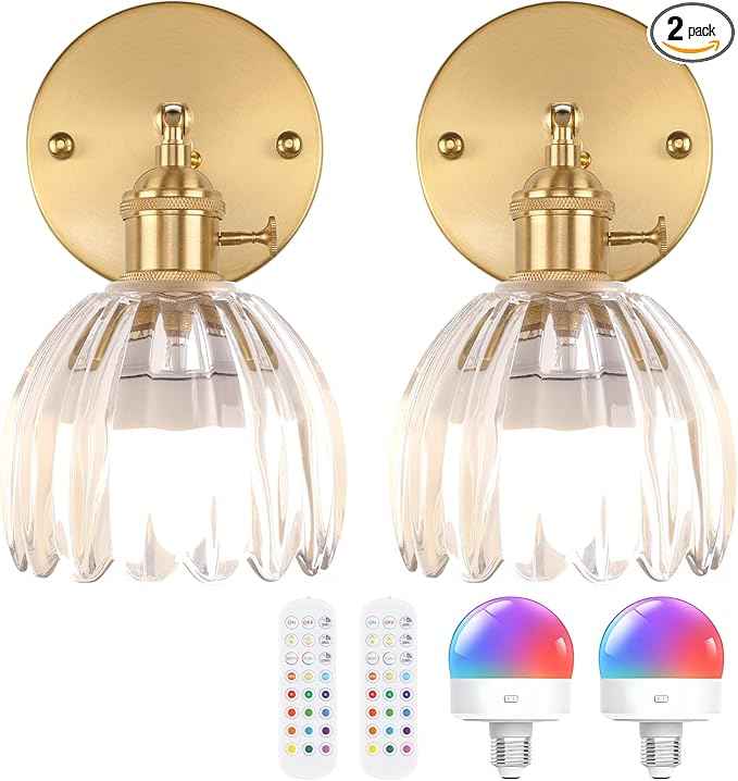 Vintage Battery Operated Wall Sconce with Transparent Tulip Glass Lampshade Rechargeable Battery Powered Wall Light with Remote Control for Bedside Bedroom Doorway, Set of 2