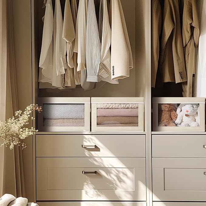 Storage Cubes with Lids - Foldable Clear Window Storage Bins, Large Decorative Storage Bins with Handles, Storage Containers for Clothes, Towel, Blanket, Sheet, Beige 5 Pack & 4 Pack