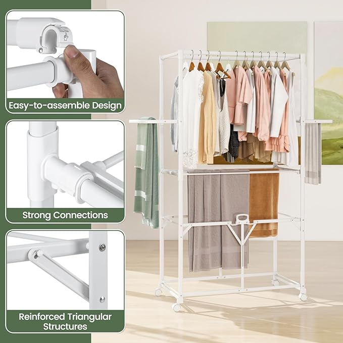 Tangkula Foldable Clothes Drying Rack, 68.5" Aluminum Laundry Rack with Hanging Rods & Drying Shelves, Universal Wheels with Brakes, Indoor Outdoor Garment Rack for Household Use (White)