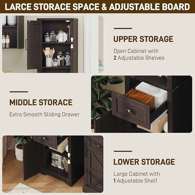 66" Tall Farmhouse Bathroom Storage Cabinet with Barn Doors and Drawer, Narrow Storage Unit, Adjustable Shelves & 5-Tier Space, Freestanding Cabinet for Bathroom, Entryway, Kitchen, Espresso