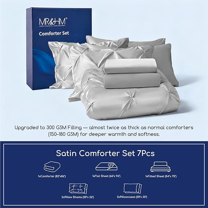 MR&HM Satin Comforter Full 7 Pieces - Luxurious Pinch Pleat Bedding Set with Comforter, Flat Sheet, Fitted Sheet, Pillowcases & Shams, Super Silky Soft Bed Set for All Season (Full, Silver Grey)