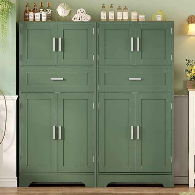TEENFON Bathroom Floor Storage Cabinet with Adjustable Shelf, Freestanding Storage Cabinet with 4 Doors, Cupboard for Living Room, Home Office, Entryway, Forest Green