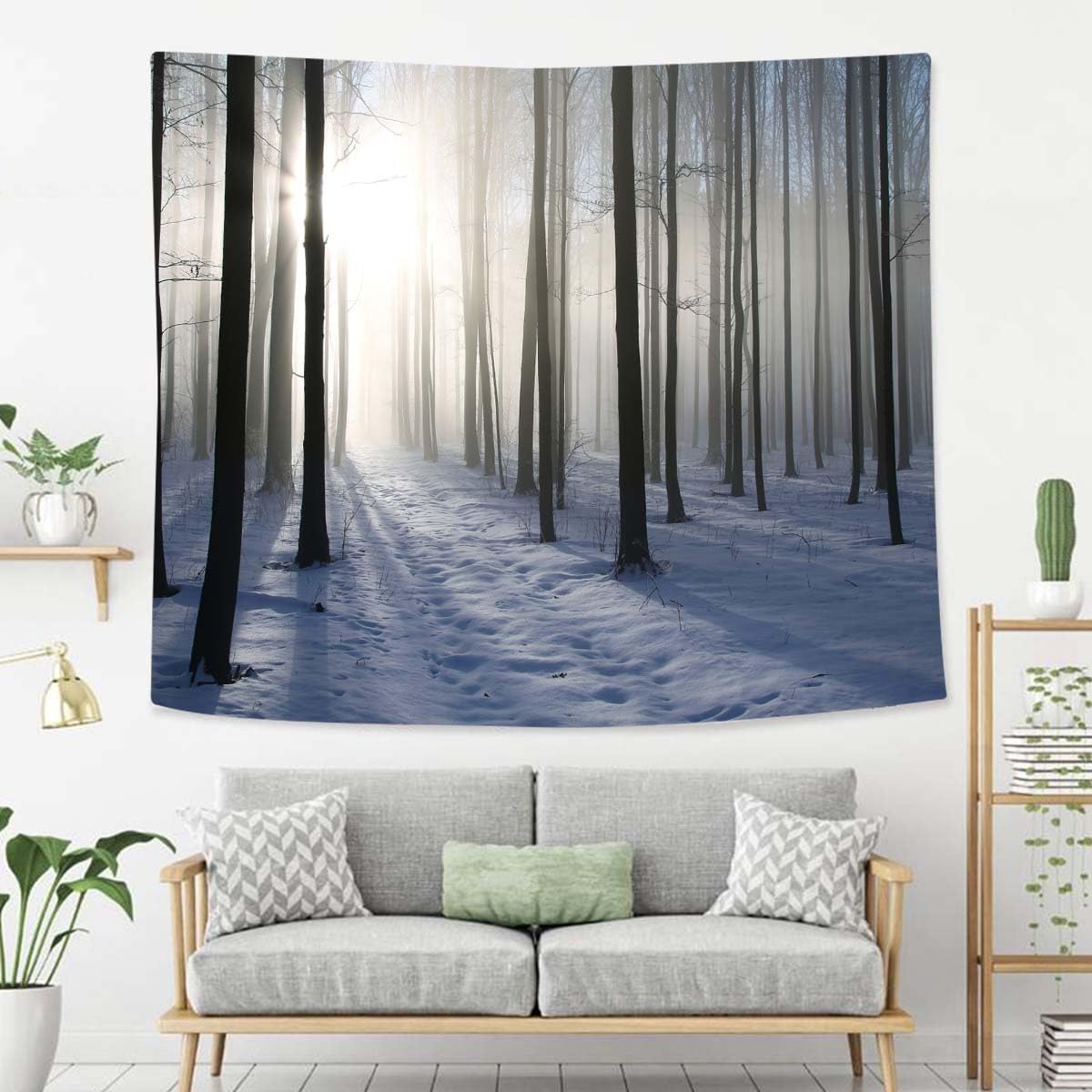 Winter Tapestry For Bedroom Path In Winter Forest On A Misty Morning Tapestries Wall Hanging For Living Room Dorm Office 80×60 In
