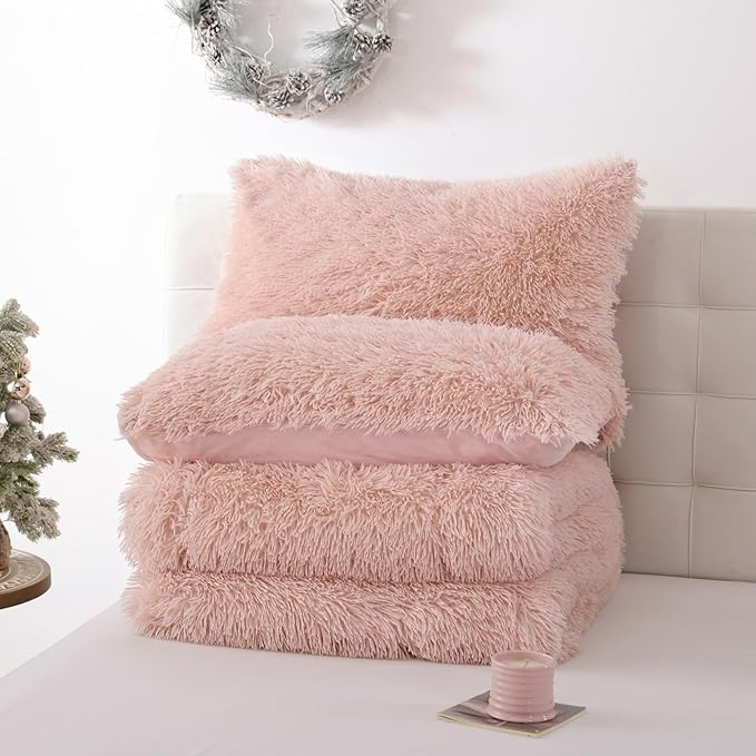 Smoofy Fluffy King Size Comforter Set, Faux Fur Pink Comforter Set, Luxury Fuzzy King Bedding Set, Soft Shaggy Bed Set for All Season, 3 Pieces - 1 Comforter & 2 Pillowcases, Blush