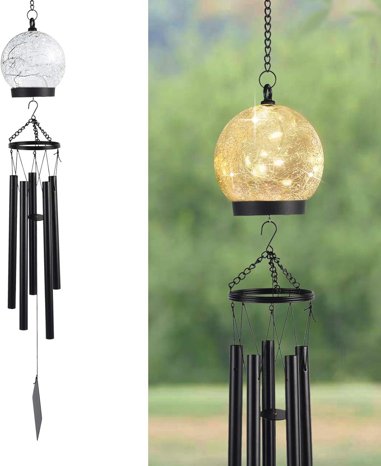 Wind Chimes Outdoor Solar Lights, 42 Inch Large Sympathy Chime 15 LED Twinkle Warm White Crackled Glass Sphere Ball Hanging Lantern Birthday Gifts for Decorative in Garden, Yard, Patio, Landscape