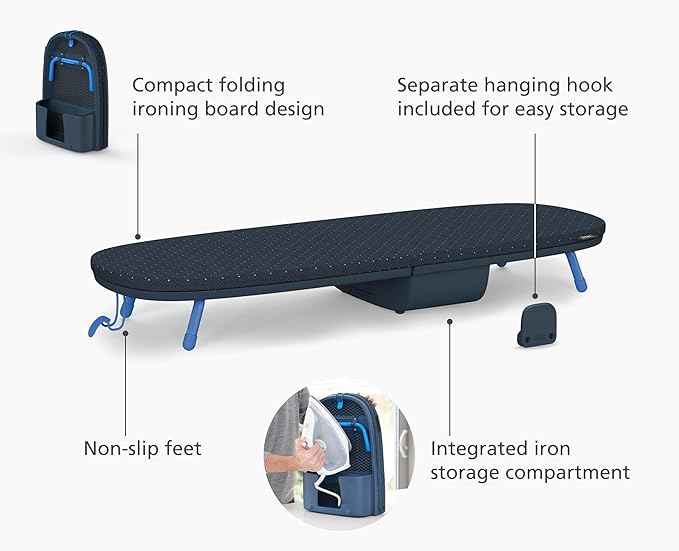 Joseph Joseph Pocket Plus Folding Space Saving Compact Tabletop Ironing Board with Iron Holder and wall Mount, Blue/Black