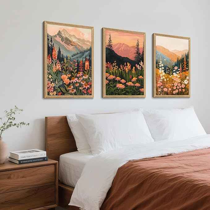 Cyebmo Wood Framed Mountain Wildflower Wall Art Set of 3, Sunset Mountain Nature Wall Decor, Colorful Floral Landscape Canvas Prints, Rustic Botanical Artwork for Bedroom Living Room Office 12x16 Inch