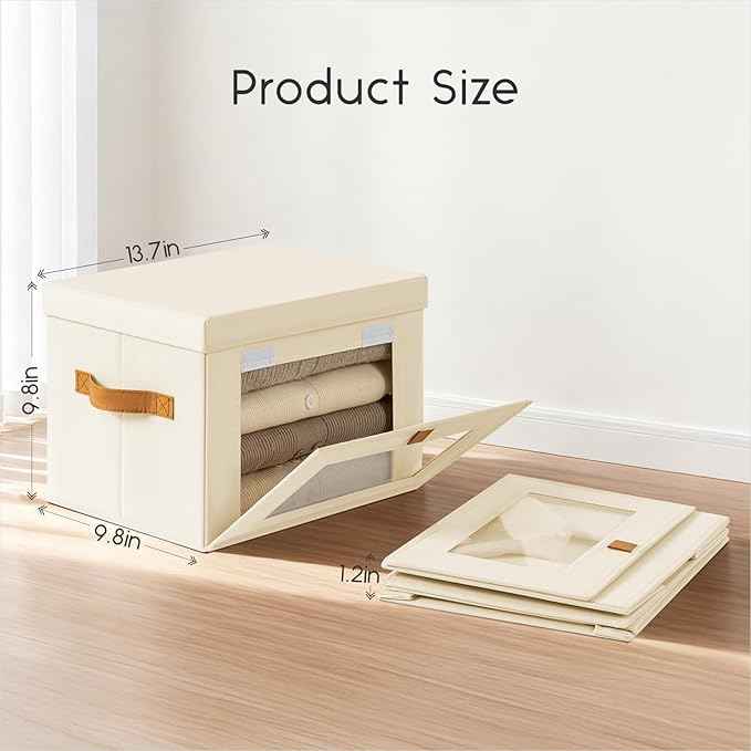 Small Fabric Storage bins - Collapsible Storage Bins with Open Window, 4 Pack Closet Baskets for Shelves, Stackable Decorative Boxes for Home, Dorm, Beige, 13.7"x 9.8" x 9.8"