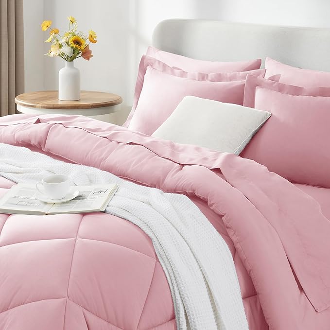 CozyLux Oversized Queen Comforter Set Pink, 7 Pieces Bed in a Bag Comforter Set with Sheets Luxury Bed Set All Seasons, Bedding Set with Down Alternative Comforter, Sheets, Pillowcases & Shams