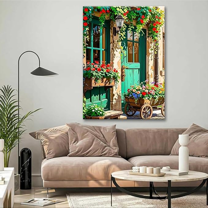 Paint by Numbers Kit for Adults Framed, European Cottage Door with Blooming Roses, DIY Oil Painting, Pre-Printed Canvas Wall Art Home Decor Gift, 20x24inch Framed, 24 Colors