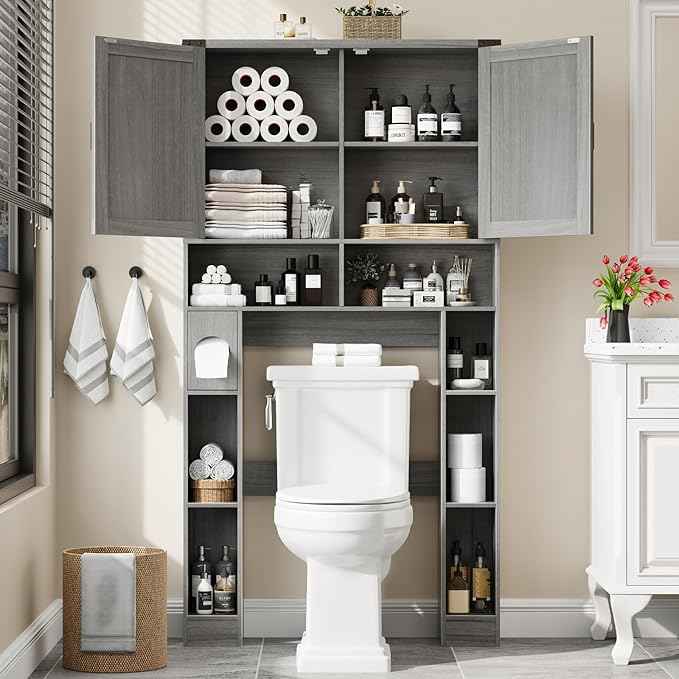 Vabches Over The Toilet Storage Cabinet, Farmhouse Storage Cabinet Over Toilet with 2 Barn Doors ，Toilet Paper Holder Stand，Home Space-Saving Toilet Rack, for Laundry, Restroom, Bathroom.Grey.