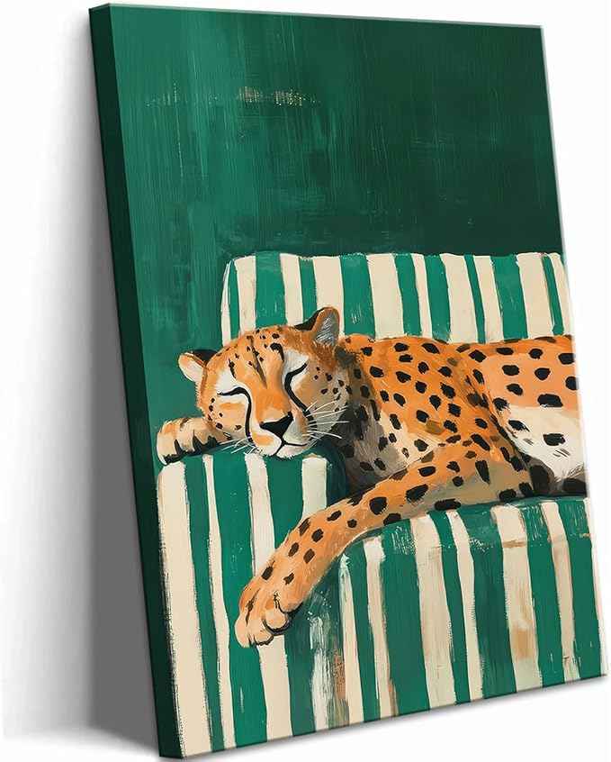 Sleepy Leopard Canvas Wall Art Maximalist Emerald Green Cheetah Wall Decor Pictures Trendy Eclectic Leopard Animal Poster Prints Aesthetic Apartment Dorm Bedroom Home Decoration 16x24in
