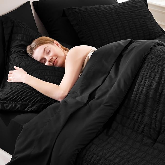 CozyLux Full Size Comforter Sets with Sheets Seersucker 7 Pieces Black Bed in a Bag Textured Luxury Soft Bedding Set with Down Alternative Comforter, Sheets, Pillowcases & Shams for All Seasons