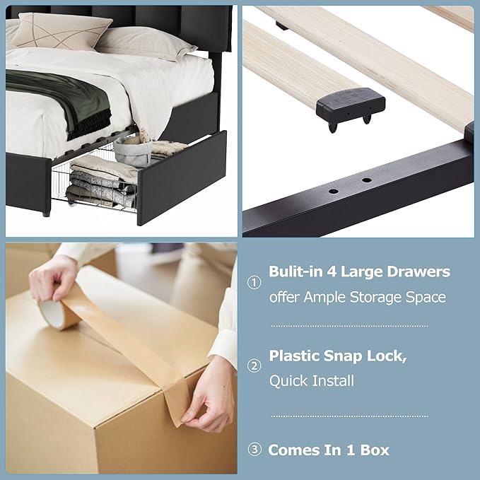 VECELO Queen Size Bed Frame with 4 Storage Drawers, Adjustable Height Headboard, Heavy-Duty Platform Bedframe with Strong Wooden Slats, No Box Spring Needed, Black