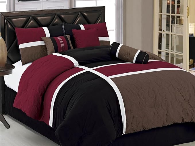 Chezmoi Collection Upland 7-Piece Quilted Patchwork Comforter Set, Burgundy/Black/Brown, King