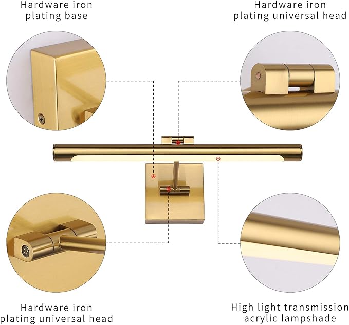 LED Picture Light Fixtures 16.54 Inches, Modern Metal Artwork Wall Lamps with Single Swing Arm, 9W (50W Eqv.), Hardwired Connection, Non-Dimmable, 3000K Warm White, CRI80+, Golden-Like Brass Finish