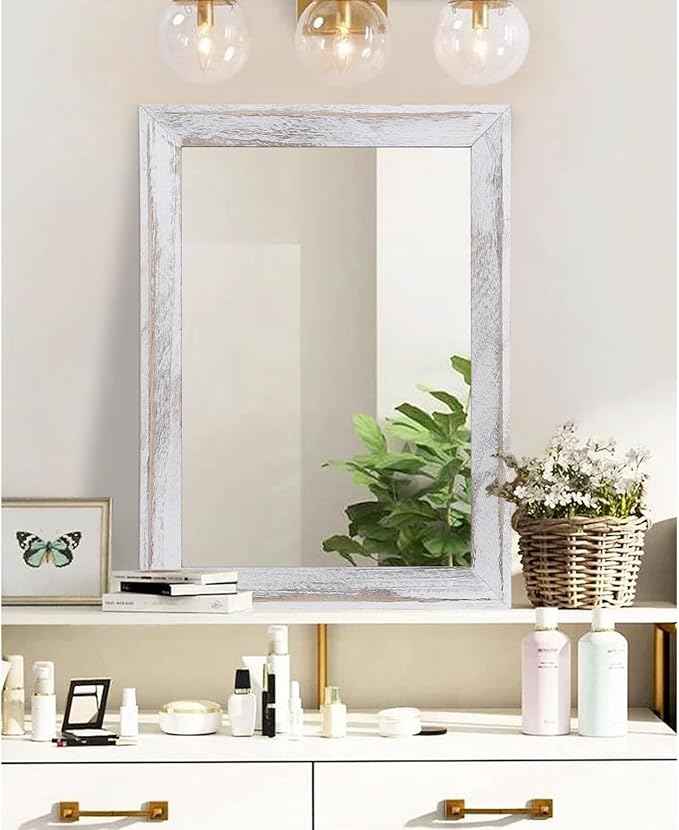 AAZZKANG Mirrors for Wall Rustic Wood Framed Hanging Mirror 26"x18" Decorative for Farmhouse Bedroom Bathroom Living Room Entryway Hallway White