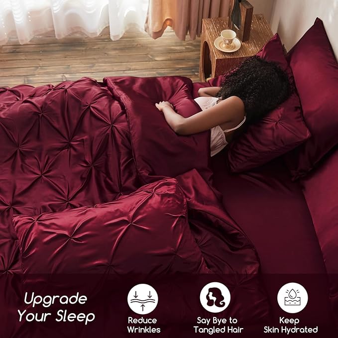 MR&HM Satin Comforter King 7 Pieces - Luxurious Pinch Pleat Bedding Set with Comforter, Flat Sheet, Fitted Sheet, Pillowcases & Shams, Super Silky Soft Bed Set for All Season (King, Burgundy)