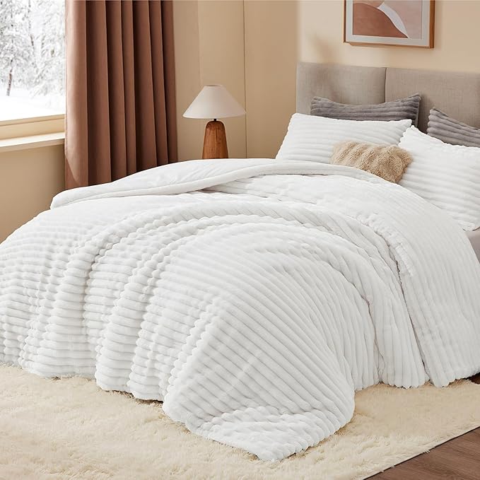 BEDELITE Fleece Twin Comforter Set -Super Soft & Warm Fluffy Bright White Bedding, Luxury Fuzzy Heavy Bed Set for Winter with 1 Pillow case