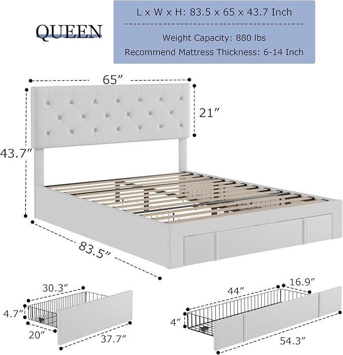 VECELO Queen Size Bed Frame with 3 Storage Drawers, Leather Upholstered with Diamond Tufted Headboard, Solid Wood Slat Support, No Box Spring Needed, PU & White