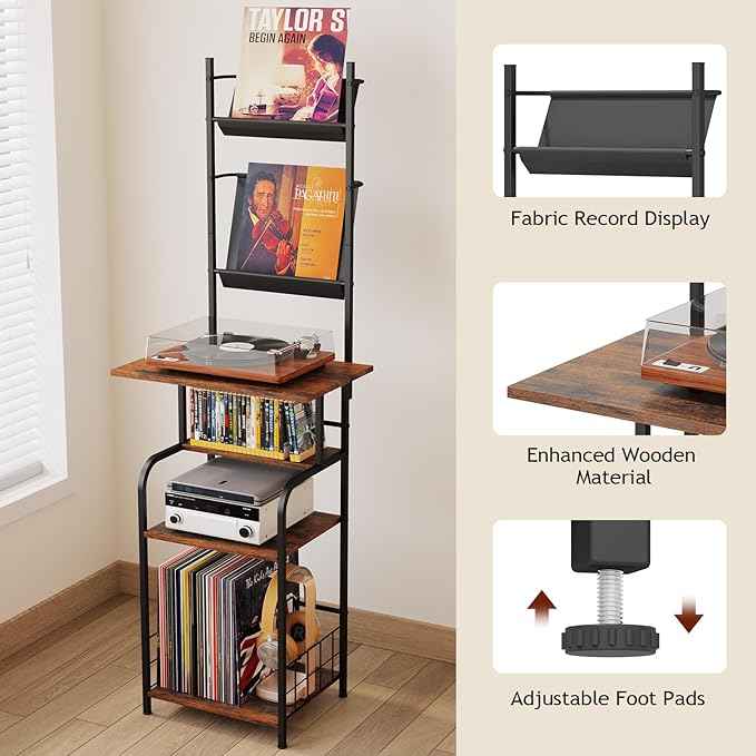 Record Player Stand with Vinyl Storage - 6-Tier Turntable Table with Adjustable Feet, Metal & Wood Cabinet - Console Organizer Display Shelf for Living Room, Apartment