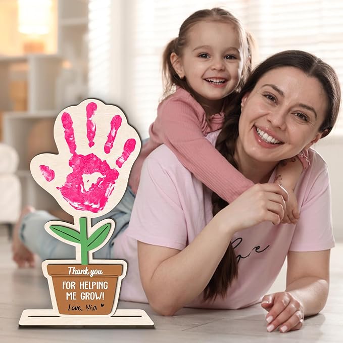 DIY Mothers Day Handprint Flower Pot Craft Wooden Hanging Sign, Baby's First Mothers Day Flower Handprint Keepsake Gift, Unique Gifts for 1st New Mom Crafts from Kids Foot Prints for Grandma Mom Mommy