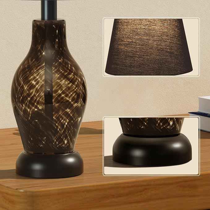 ONEWISH Small Bedside Table Lamp Set of 2, Wine Bottle Shape Glass Body, Warm Ambient Lighting, Bulb Included, 14" Height, Black