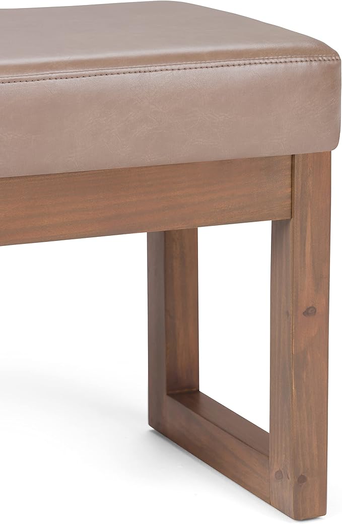 SIMPLIHOME Milltown Small Ottoman Bench - 27 inch Wide Upholstered Vegan Leather Rectangle Footstool Ottoman in Ash Blonde, Contemporary Bench for Bedroom or Living Room with Cushioned Seat, Assembled