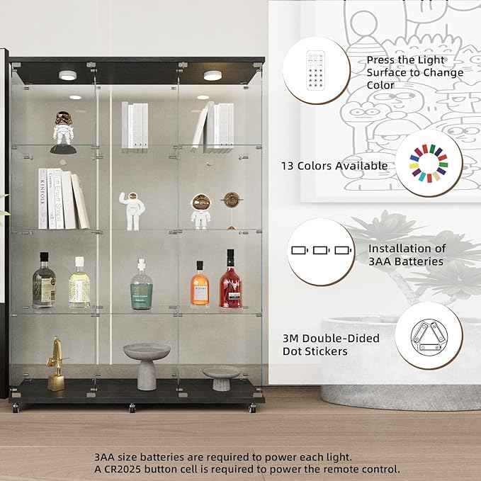 Beauty4U Glass Display Cabinet with LED Lights, Extra Large 3 Columns 2 Doors Curio Cabinets with 12 Shelves for Living Room, Bedroom, Office, Black Floor Standing DIY Glass Bookshelf