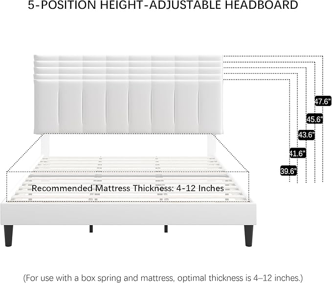 VECELO King Size Bed Frame with Upholstered Headboard, Heavy-Duty Bedframe with Strong Wooden Slats Support, No Boxing Spring Needed, Pure White
