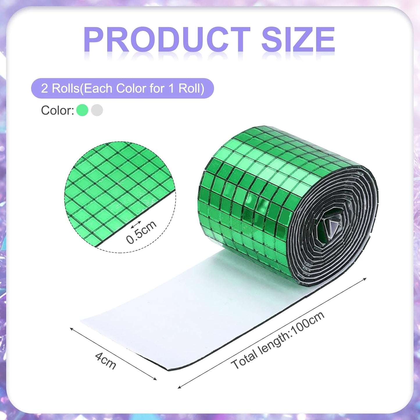 MECCANIXITY Self Adhesive Glass Mirror Mosaic Tiles 3200 Pcs 5 x 5 mm Disco Tiles for Craft Decoration Glass Mirror Disco Ball 2 Rolls (Green/Silver)