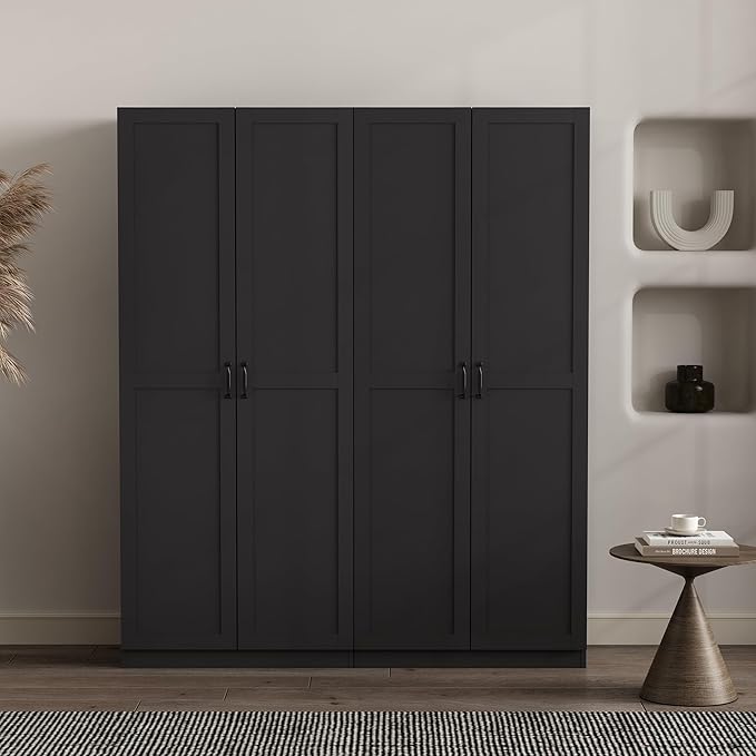 Manhattan Comfort Cornelia Modern Tall Storage Cabinet with Doors and Adjustable Shelves 1.0 - Freestanding Pantry Organizer for Kitchen, Laundry Room, Garage, or Mudroom, Set of 2, Black