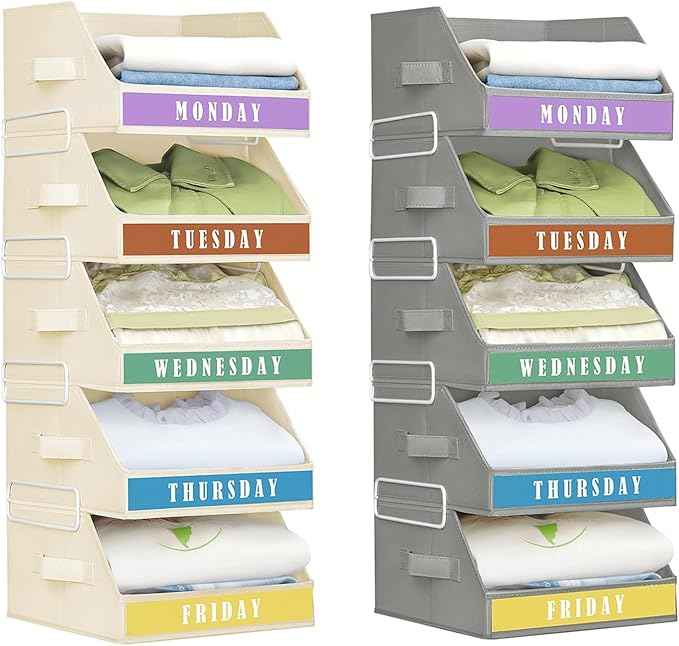 Closet Organizers and Storage - 5 Tier Shelf Organizer wiht Weekly Labels, Stackable Storage Bins with Metal Frame, Grey & Beige