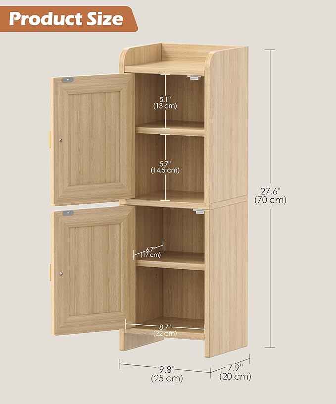 Rattan Small Bathroom Cabinet with 2 Doors, 7.9''D x 9.8''W Narrow Toilet Paper Storage Cabinet, Bathroom Organizer for Small Spaces, Wooden Slim Corner Unit with Adjustable Shelf, Natural Oak