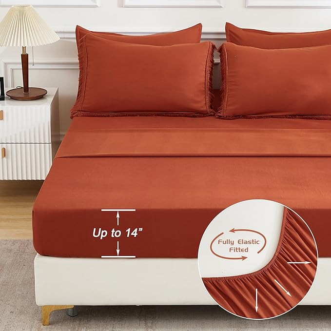 Andency Queen Comforter Set with Sheets Burnt Orange - 7 Pieces Boho Tassel Bed in a Bag Soft Lightweight Bedding Sets, Terracotta Rust Fringe Bed Set with Comforter, Sheets, Pillowcases & Shams