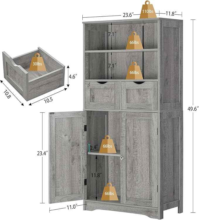 Iwell Storage Cabinet with 2 Drawers & Adjustable Shelf, Tall Bathroom Cabinet with Doors, Cupboard, Kitchen Cabinets for Living Room, Dining Room, Entryway, Grey
