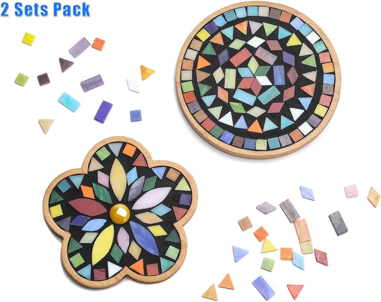 Lanyani 2 Sets of DIY Mosaic Craft Kits Mosaic Tiles Coaster Kit Make Your Own Mosaic Project Handmade Craft Set with Stained Glass Mosaic Tile Pieces for Decoration and Gift