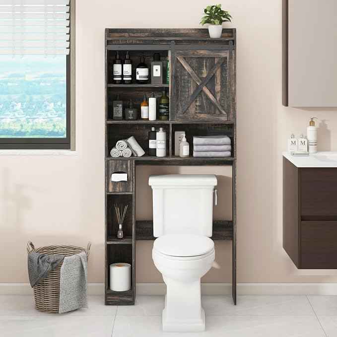 Over The Toilet Storage Cabinet, Farmhouse Storage Cabinet Over Toilet with Sliding Doors & Toilet Paper Holder Stand，Home Space-Saving Toilet Rack, for Bathroom, Laundry(Dark Grey)