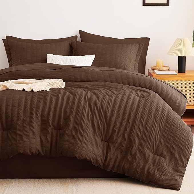 CozyLux Twin Comforter Set with Sheets 5 Pieces, Brown Seersucker Textured Bed in a Bag, Luxury Soft Bedding Set with Down Alternative Comforter, Sheets, Pillowcases & Shams for All Seasons
