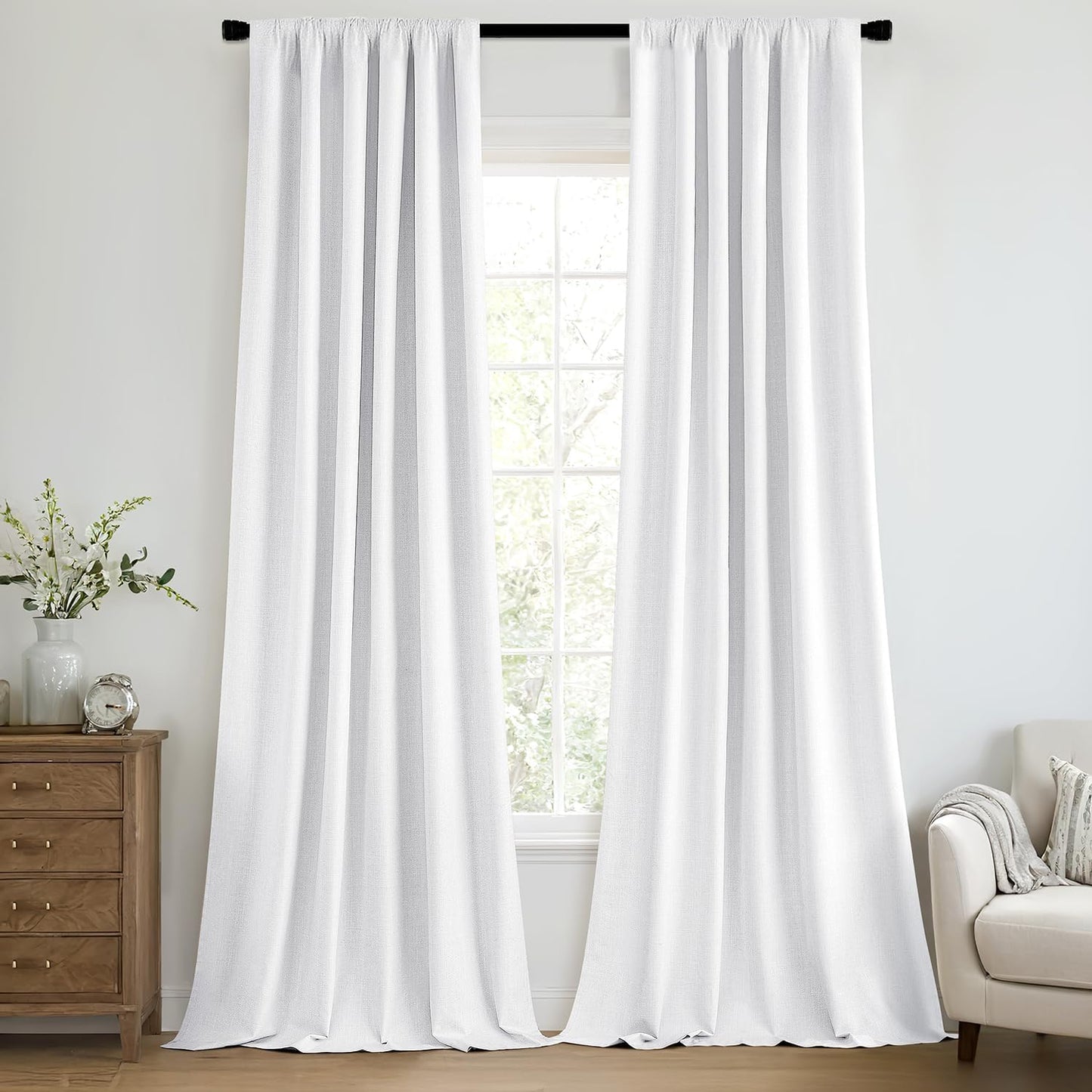 MIULEE 100% Blackout Curtains 102 Inch Long 2 Panels Set for Bedroom, Thick Faux Linen Black Out Curtain Room Darkening Back Tab Pleat Window Textured Drapes with Hooks for Living Room, Bright White