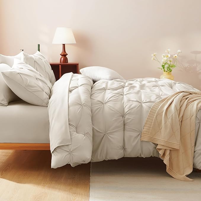 CozyLux Oversized King Comforter Sets Beige, 7 Pieces Oversized King Pintuck Bed in A Bag, Pinch Pleat Bedding Sets with All Season Comforter, Flat Sheet, Fitted Sheet, Pillowcases & Shams