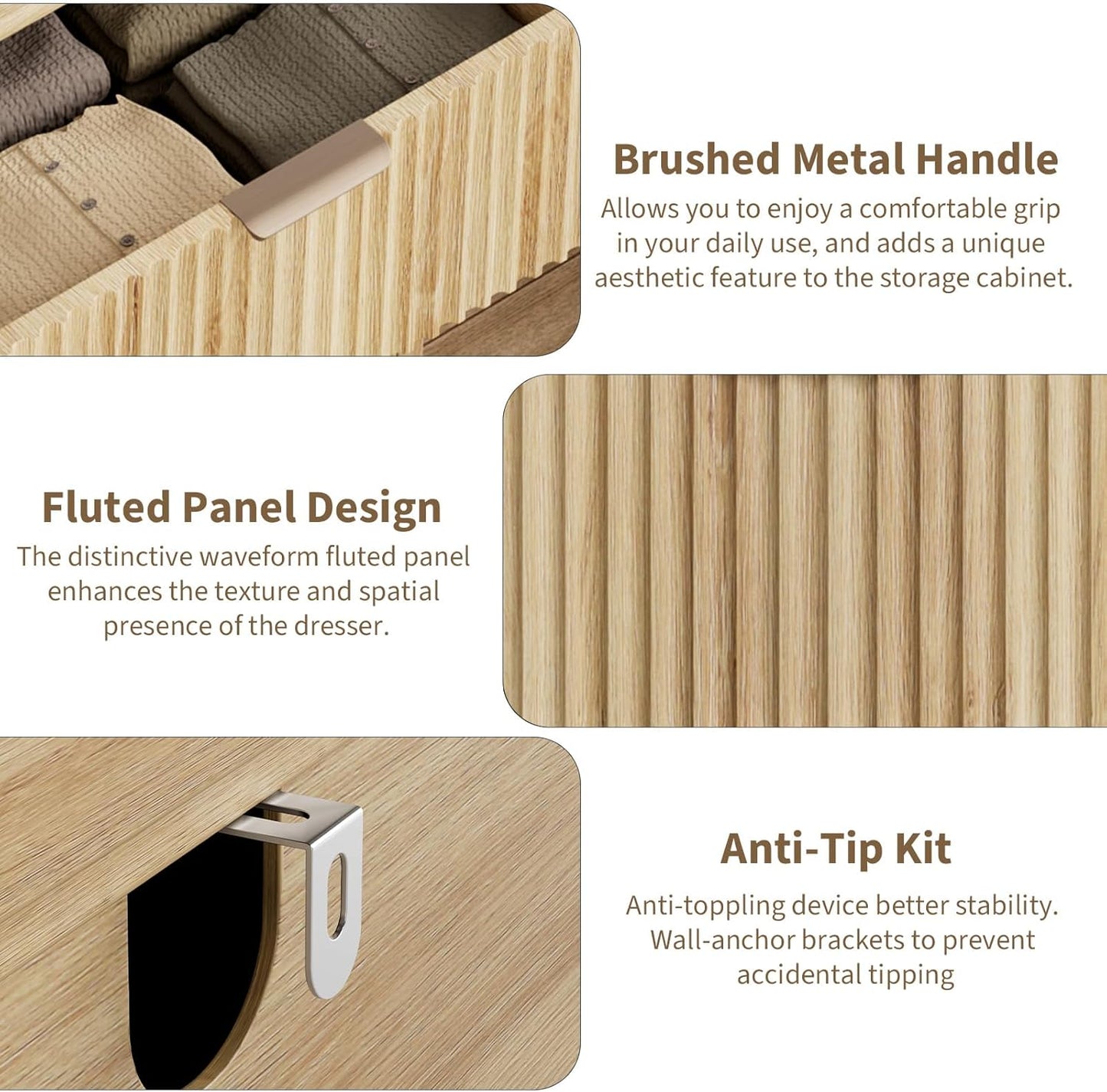 QUW Fluted Dresser for Bedroom with 6 Drawers, 47.2" Wide Modern Chest of Drawers with Metal Handle, Wooden Dresser TV Stand and Closet Clothes Storage Organizer for Living Room, Hallway, Natural Oak